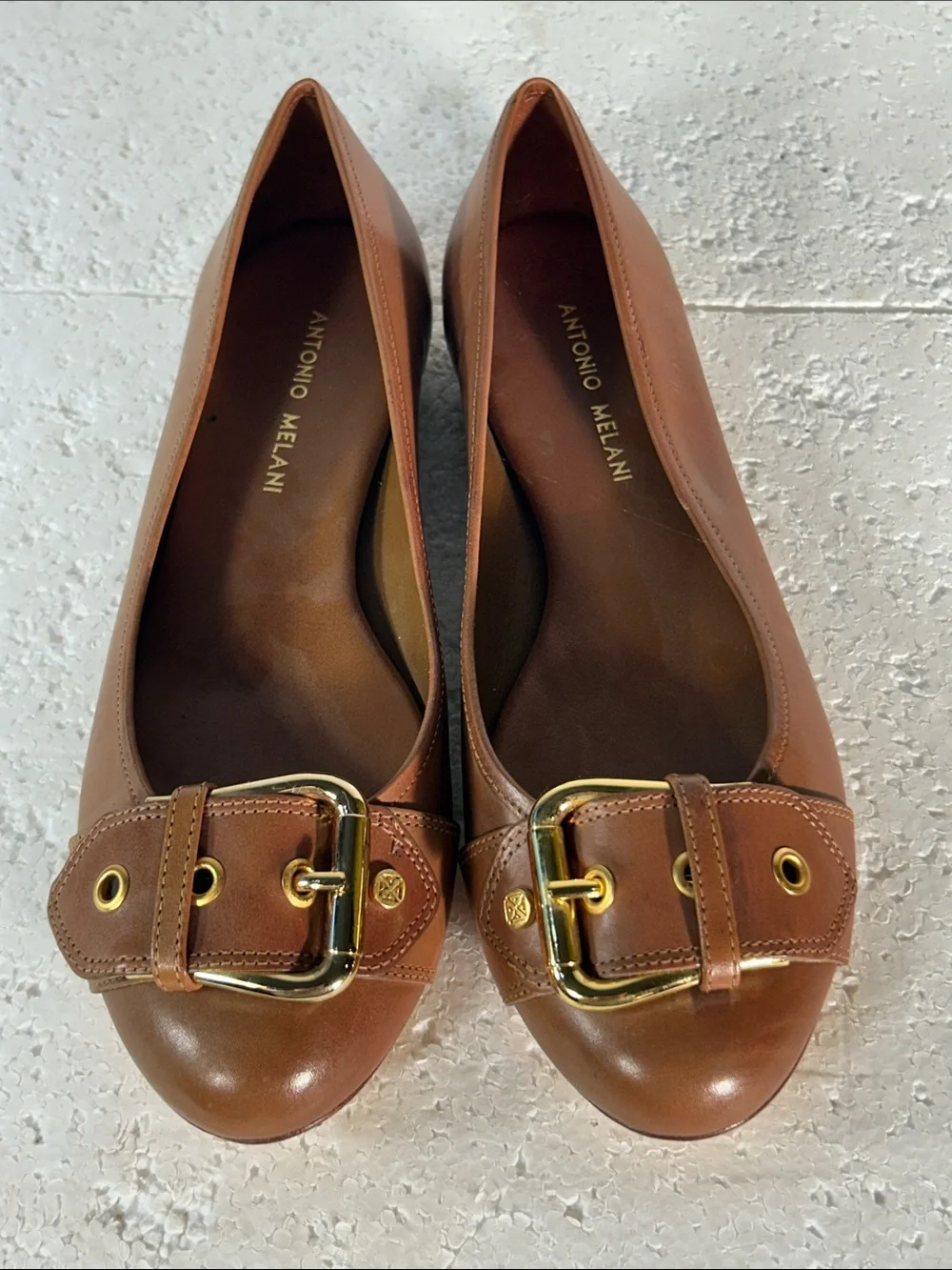 Antonio Melani SZ 8 Brown Leather Ballet Flats Buckle Old Money Staple Academia